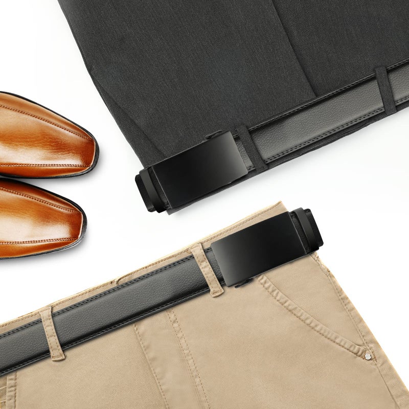 Lavemi Men's Real Leather Ratchet Dress Casual Belt, Cut to Exact Fit,Elegant Gift Box(25-0711 Black Buckle 52") - Image 3